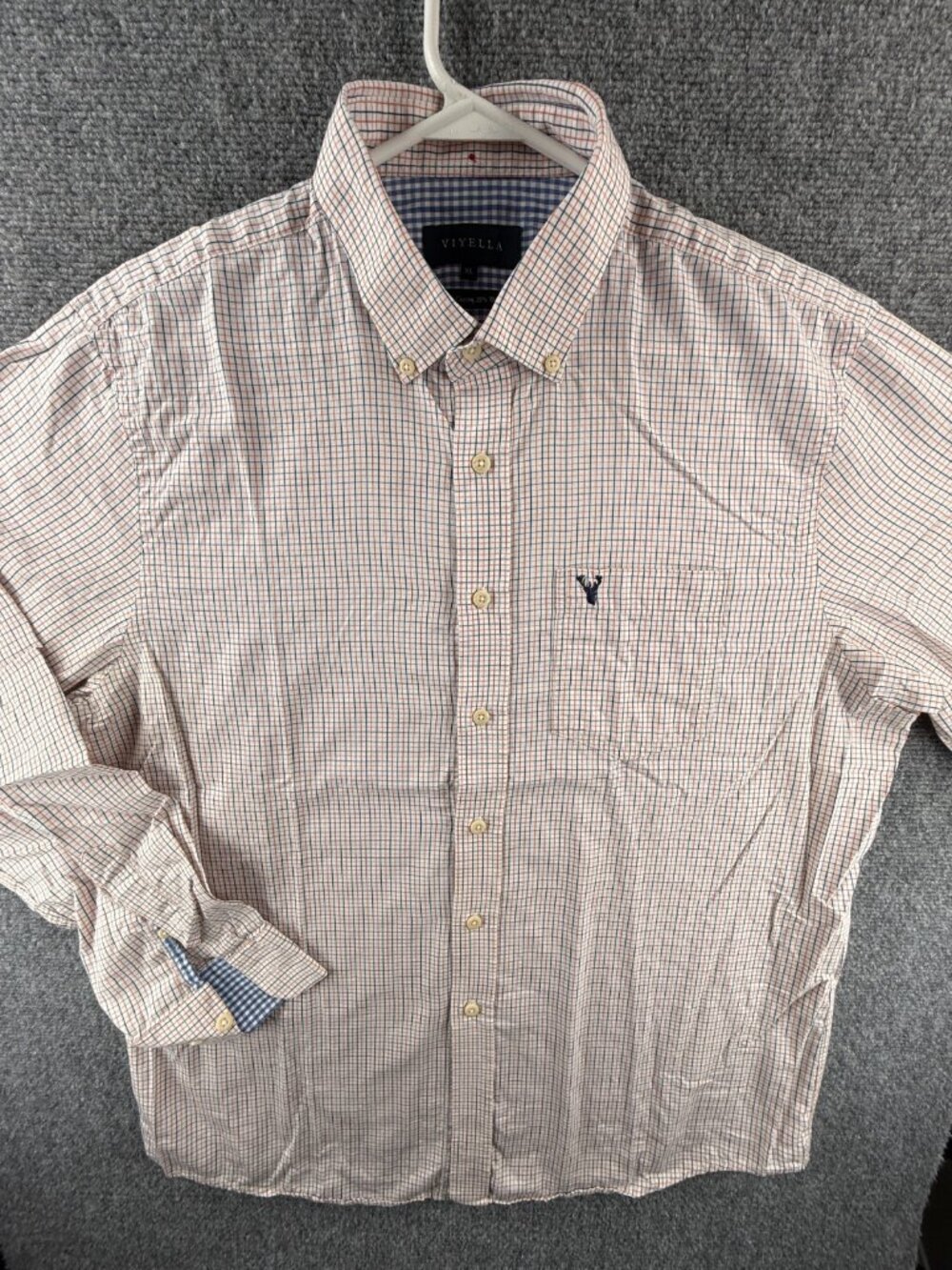 Viyella Men Shirt Button Up Blue Orange White Check Buck Logo XL Cotton Wool